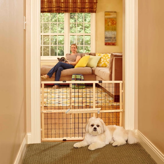 North States 26.5"-42" MyPet Wire Mesh Petgate for Small to Medium Dog Breeds, Natural Wood