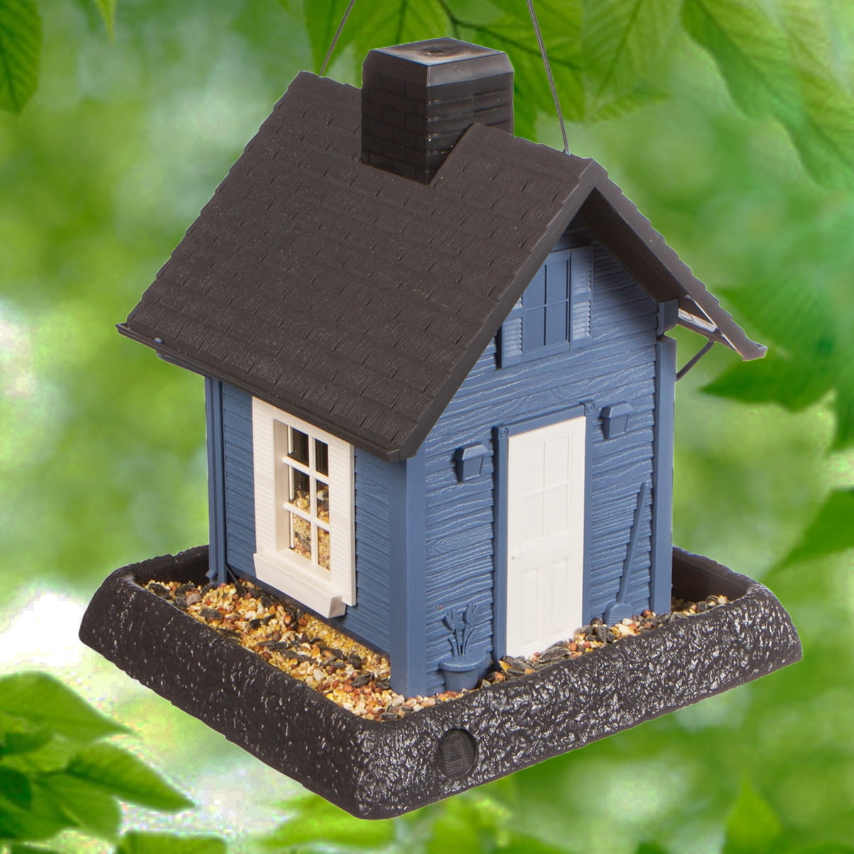 Blue Cottage Plastic Hanging Bird Feeder with Gray Roof