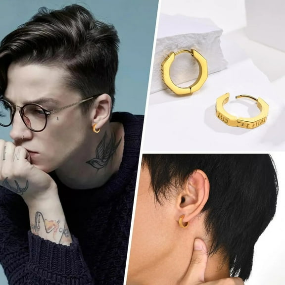 North Viking Hoop Earrings for men 14K Yellow Gold Octagon Runes Round Earrings Talisman Stylish Jewelry Viking Gifts for Male