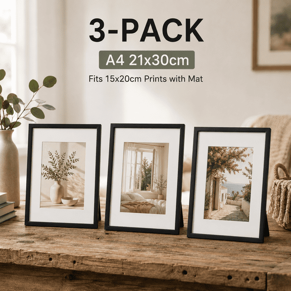 North Willow 3 Pack A4 21x30cm Metal Picture Frames, Black Aluminum Wall Art Photo Frame with Mat for 15x20cm Print