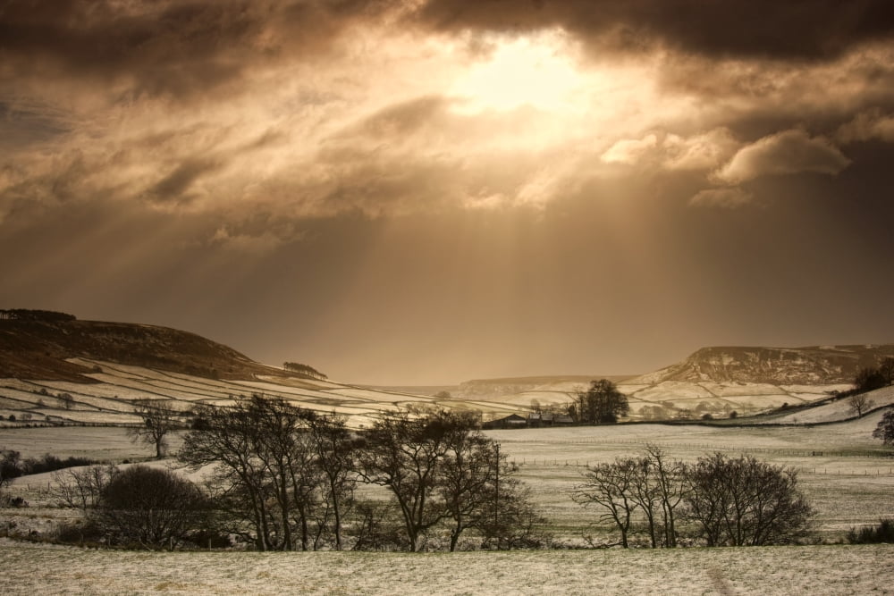 North Yorkshire England Sun Shining Over Sepia-Toned Winter Landscape Canvas Art - John Short Design Pics (18 x 12)