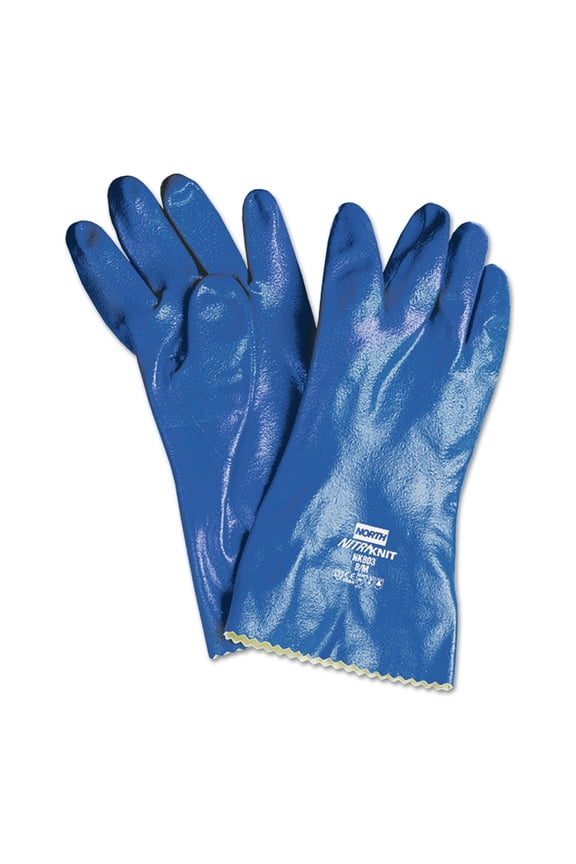North by Honeywell Nitri-Knit Supported Nitrile Gloves, Pinked Cuff, Interlock Lined, Size 10, Blue