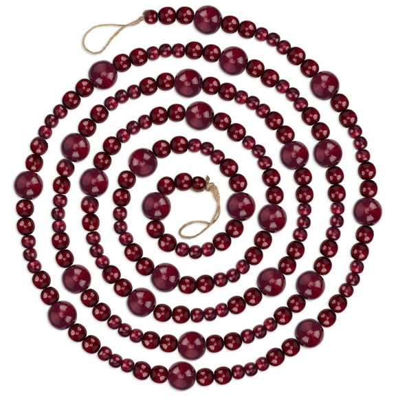 NorthPoleXpress Cranberry Burgundy Wood Bead Ball Christmas Garland, Wooden Christmas Tree Garland, 9 Foot