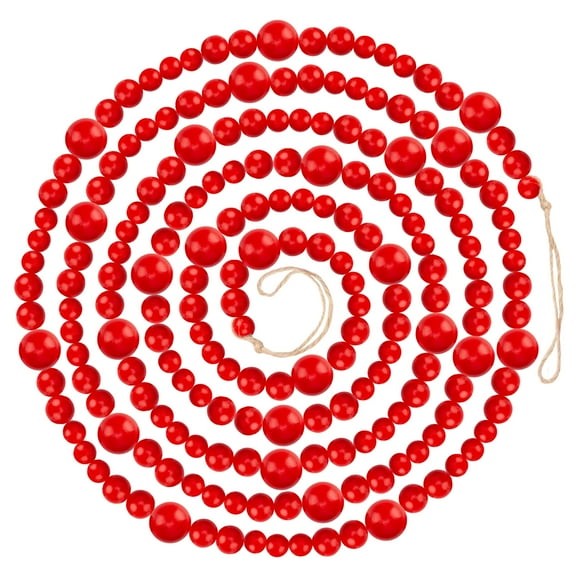 NorthPoleXpress Red Wood Bead Ball Christmas Garland - Rustic Natural Country Farmhouse Vintage