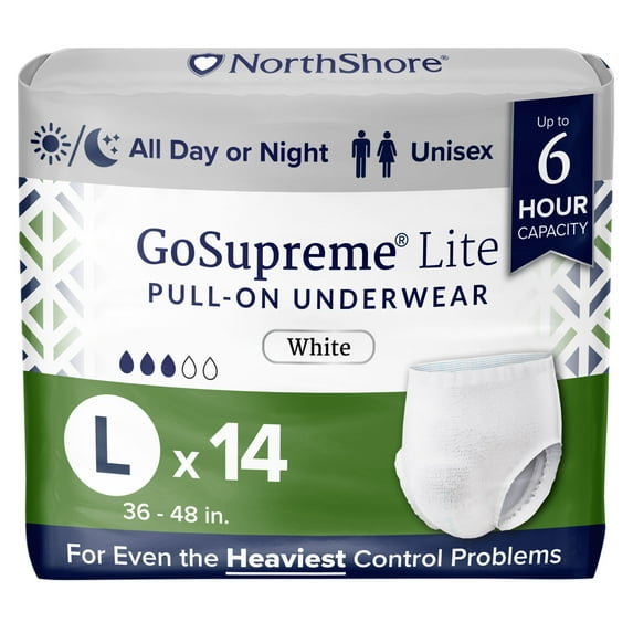 NorthShore GoSupreme Lite Incontinence Underwear, 6-Hour Pullup Style, Large, 14 Count Bag, White, 36-48 inches, Unisex Adult Diapers