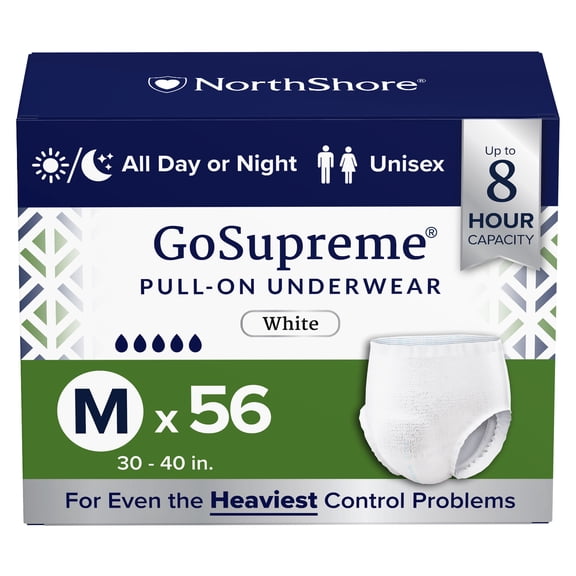NorthShore GoSupreme Overnight Incontinence Underwear, 8-Hour Pullup Style, Medium, 56 Count Case, White, 30-40 inches, Unisex Adult Diapers