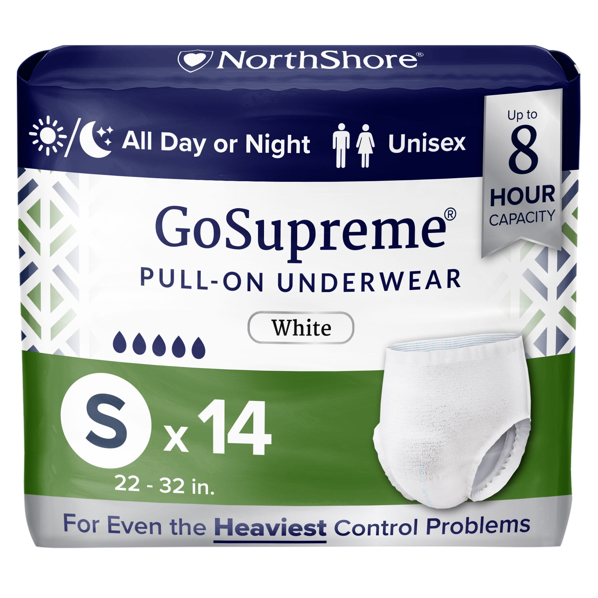 NorthShore GoSupreme Overnight Incontinence Underwear, 8-Hour Pullup Style, Small, 14 Count Bag, White, 22-32 inches, Unisex Adult Diapers
