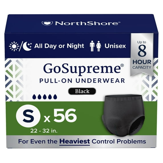 NorthShore GoSupreme Overnight Incontinence Underwear, 8-Hour Pullup Style, Small, 56 Count Case, Black, 22-32 inches, Unisex Adult Diapers