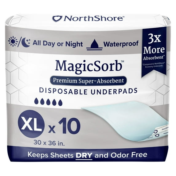 NorthShore MagicSorb Super-Absorbent Disposable Underpads, 30x36 in., X-Large, Pack/10
