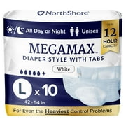 NorthShore MegaMax Adult Overnight Diapers, 12-Hour Tab-Style, Large, 10 Count Bag, White, 42-54 inches, Unisex Incontinence Underwear