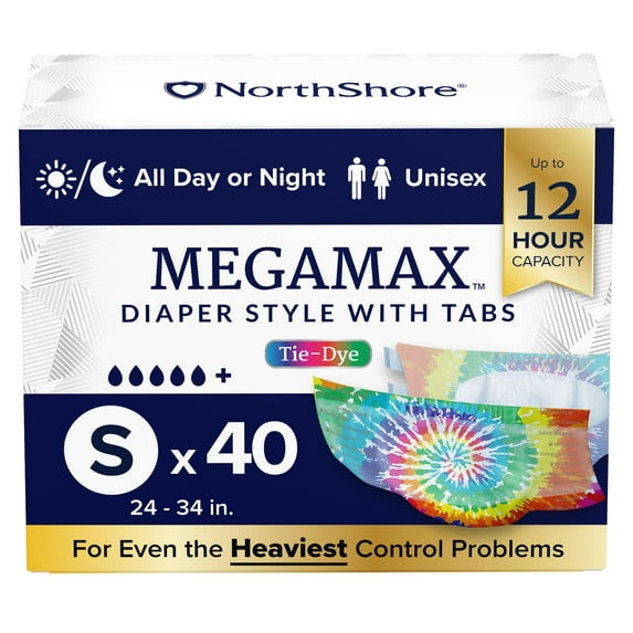 NorthShore MegaMax Adult Overnight Diapers, 12-Hour Tab-Style, Small, 40 Count Case, Tie-Dye, 24-34 inches, Unisex Incontinence Underwear