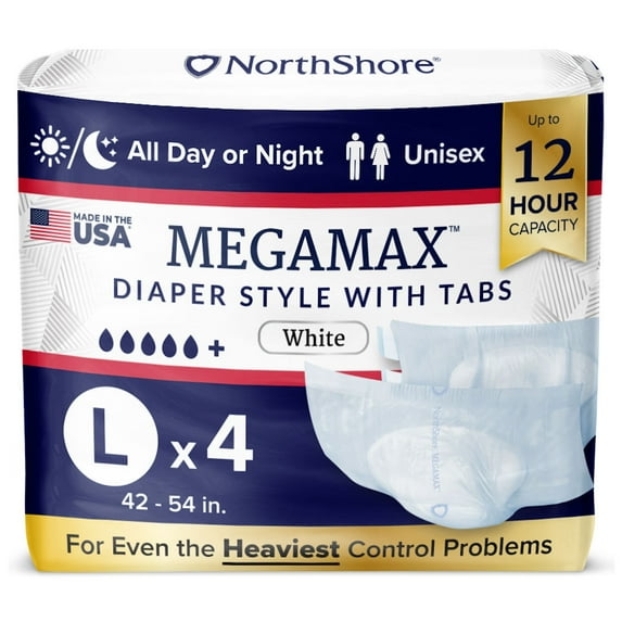 NorthShore MegaMax Adult Overnight Diapers, Made in USA, 12-Hour Tab-Style, Large, 4 Count Trial, White, 42-54 inches, Unisex Incontinence Underwear