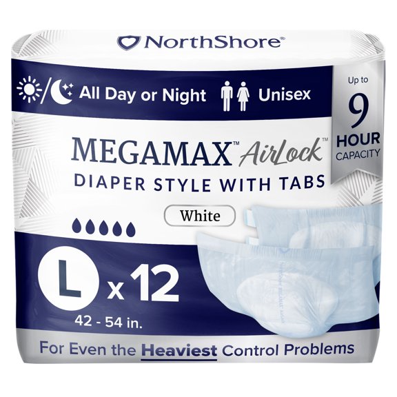 NorthShore MegaMax AirLock Breathable 9-Hour Heavy-Duty Tab-Style Adult Diapers, Large, 12 Count Bag, White, 42-54", Unisex Incontinence Underwear
