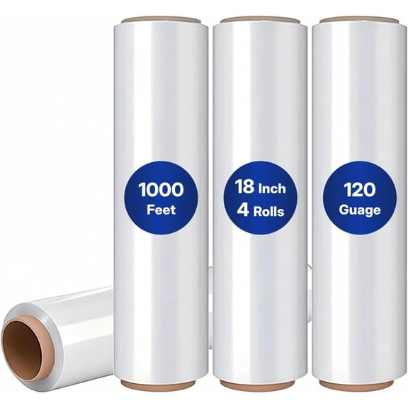 NorthSky Plastic Wrap Stretch Film - Industrial Strength up to 1200% Stretch 20 Microns Clear Durable Adhering Packing Moving Heavy Duty Shrink Film Box of 4 (120 Gauge, 18'' x 1000')