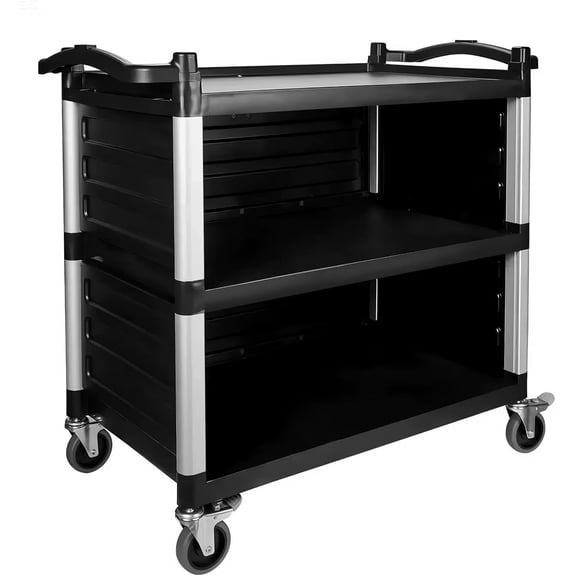 NorthSky Select Dual-Handle Utility Service Cart, 3 Shelves, 440 lb. Capacity -Black Plastic Shelves, Lockable Swivel Casters - Suitable for Hospital, Lab, Hotel, Office Transport & Organizing