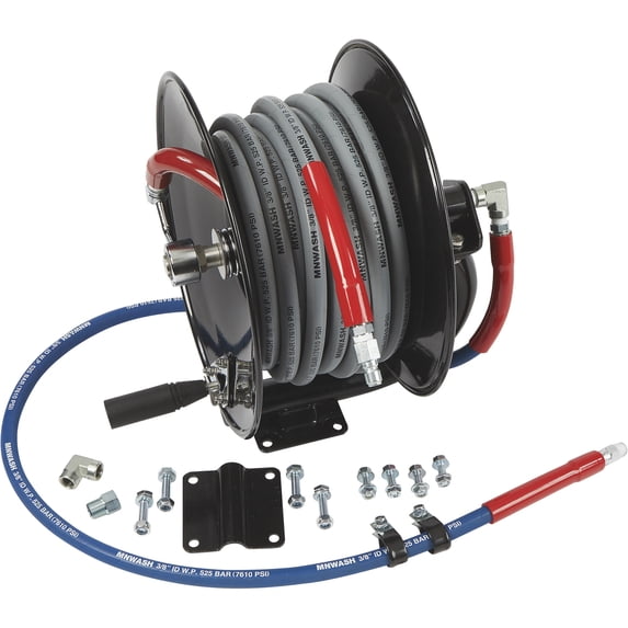 NorthStar Pressure Washer Hose Reel with 50ft. Steel-Braided Hose, 3/8in. x 100ft. Capacity, 5000 PSI