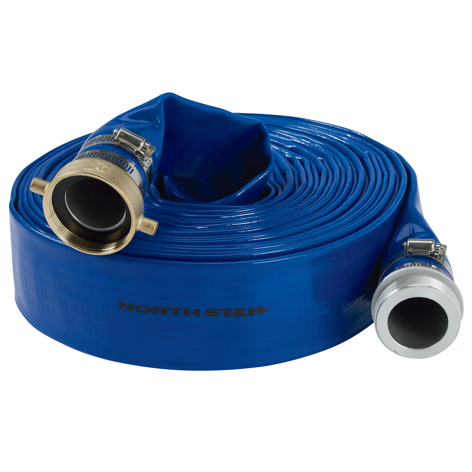 Blue PVC Lay Flat Water Pump Discharge Hose with Aluminum Couplings, 2in x 50ft