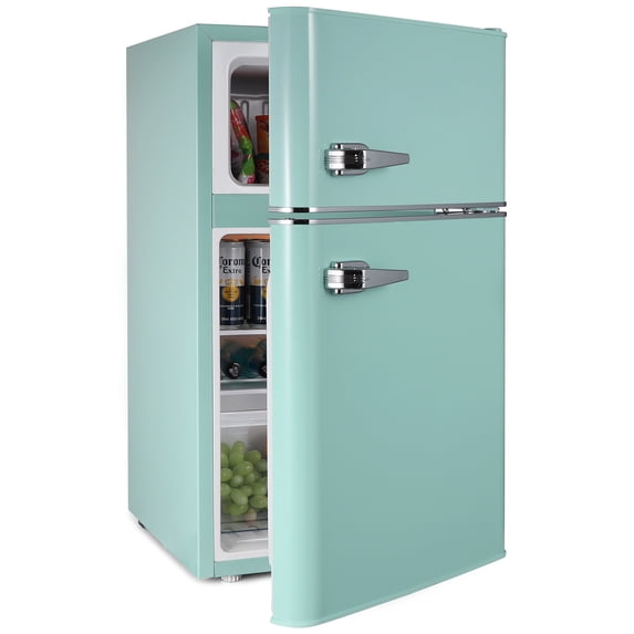 Northair 3.2 Cu ft Compact Mini Refrigerator Separate Freezer, Small Fridge Double 2-Door Adjustable Removable Retro Stainless Steel Shelves,Green