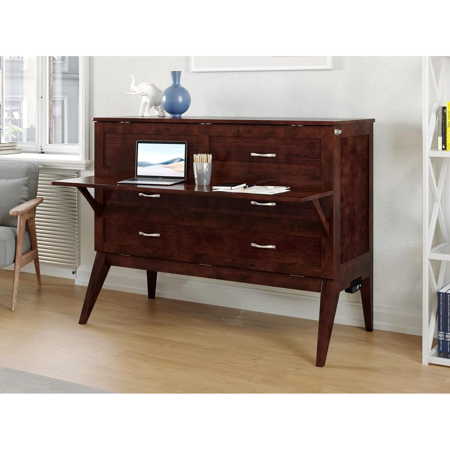 Northampton Full Wood Murphy Bed Desk with Mattress & Built-in Charger in Walnut