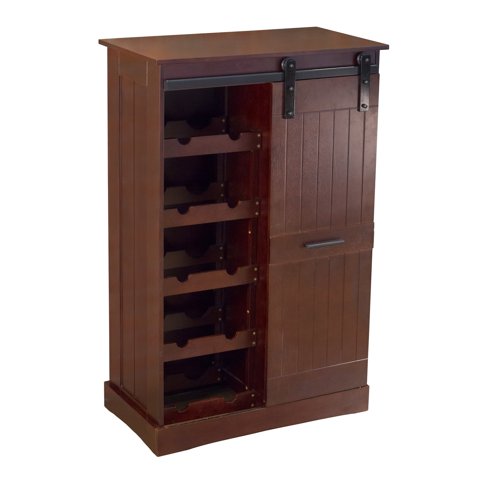 Rustic Dark Oak Mahogany Wood Wine Rack Cabinet with Sliding Doors