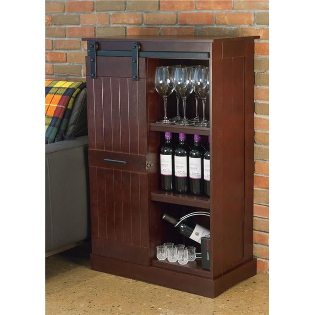 Rustic Dark Oak Mahogany Wood Wine Rack Cabinet with Sliding Doors