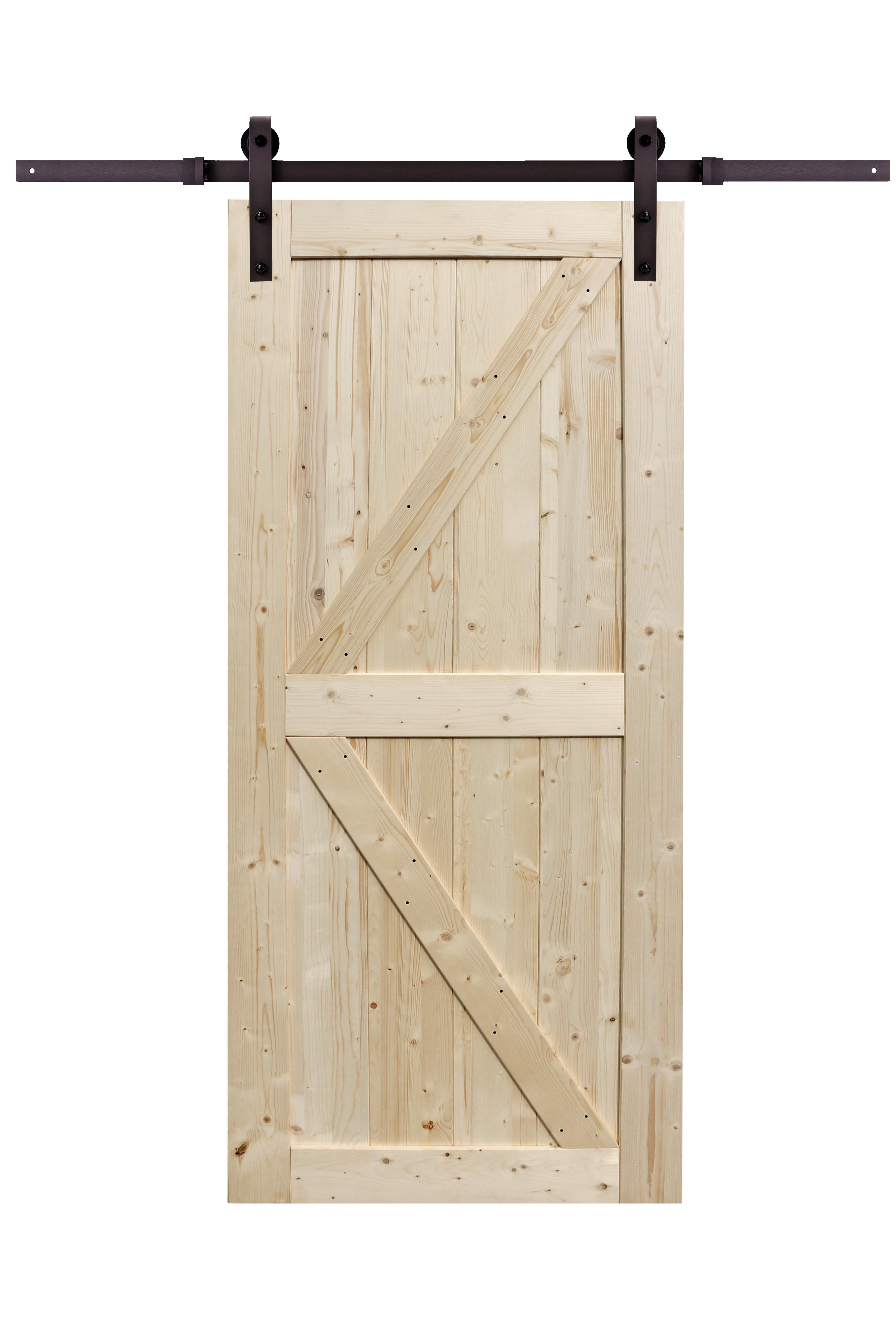 Unfinished Spruce Wood Traditional Barn Door Kit with Black Hardware