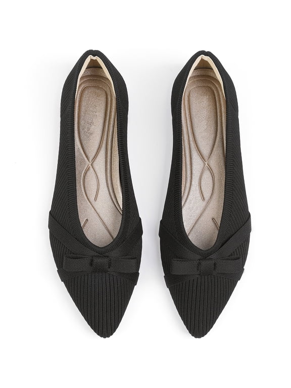 Flats for Womens Pointed Toe Ballet Flats with Bow Comfortable Knit Dressy Flats