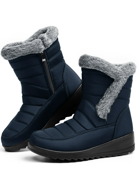 Snow Boots for Women Winter Warm Fur Lined Mid Calf Boots - Outdoor Womens Booties With Zipper