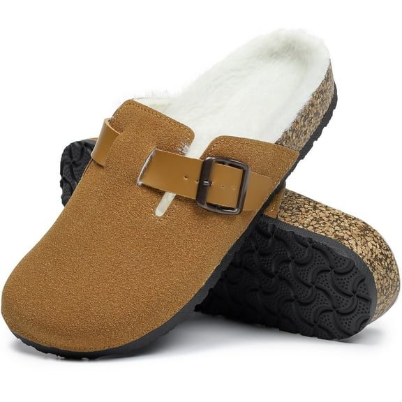 Northblanc Suede Clogs for Women Fur Lined Adjustable Buckle Slip-on Cork Footbed Mules Slippers with Antislip Sole