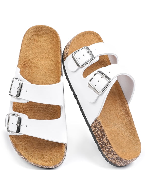 Women's Comfort Flat Sandals Summer Cork Footbed Slides with Double Adjustable Buckle