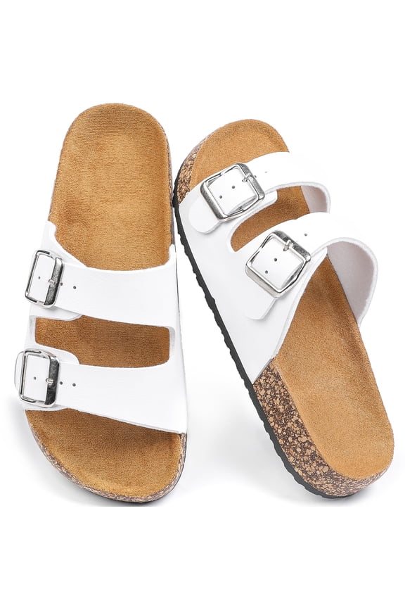Women's Comfort Flat Sandals Summer Cork Footbed Slides with Double Adjustable Buckle