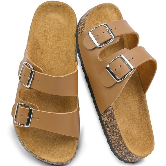 Northblanc Women's Comfort Flat Sandals Summer Cork Footbed Slides with Double Adjustable Buckle