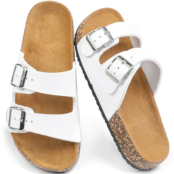 Northblanc Women's Comfort Flat Sandals Summer Cork Footbed Slides with Double Adjustable Buckle