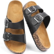 Northblanc Womens Comfort Flat Sandals Summer Cork Footbed Slides with Double Adjustable Buckle