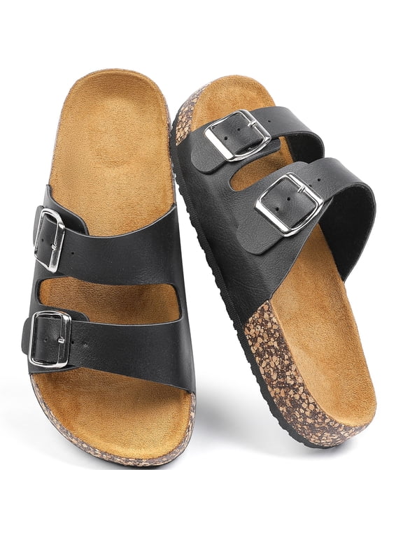 Women's Comfort Flat Sandals Summer Cork Footbed Slides with Double Adjustable Buckle