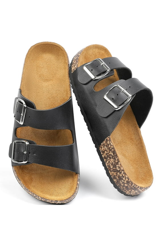 Women's Comfort Flat Sandals Summer Cork Footbed Slides with Double Adjustable Buckle