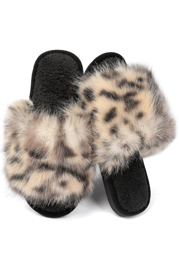 Women's Furry Slides Faux Fur Slides Fuzzy Slippers Fluffy Open Toe Outdoor Indoor