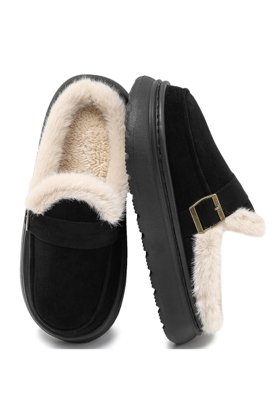 Women's Cozy Faux Fur Lined Slippers Buckle Non-Slip Comfortable Warm Platform House Shoes Indoor/Outdoor