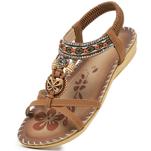 Northblanc Womens Flat Sandals Comfortable Summer Bohemian Elastic Ankle Strap Casual Daily Walking Shoes