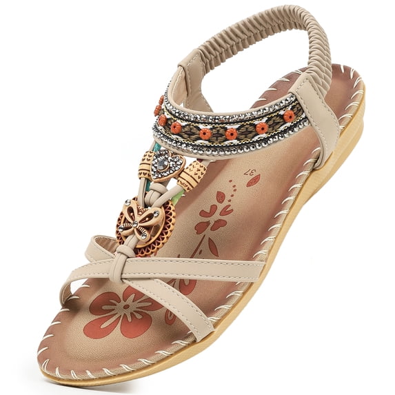 Northblanc Womens Flat Sandals Comfortable Summer Bohemian Elastic Ankle Strap Casual Daily Walking Shoes