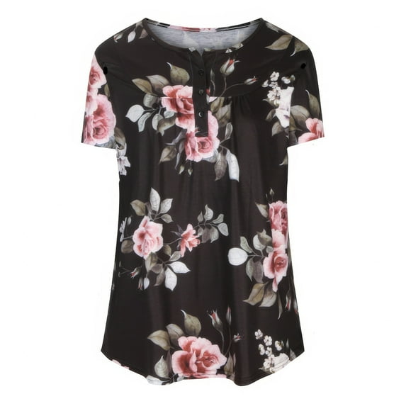 Northblanc Womens Tunic Tops Short Sleeve Henley T Shirts floral Blouses