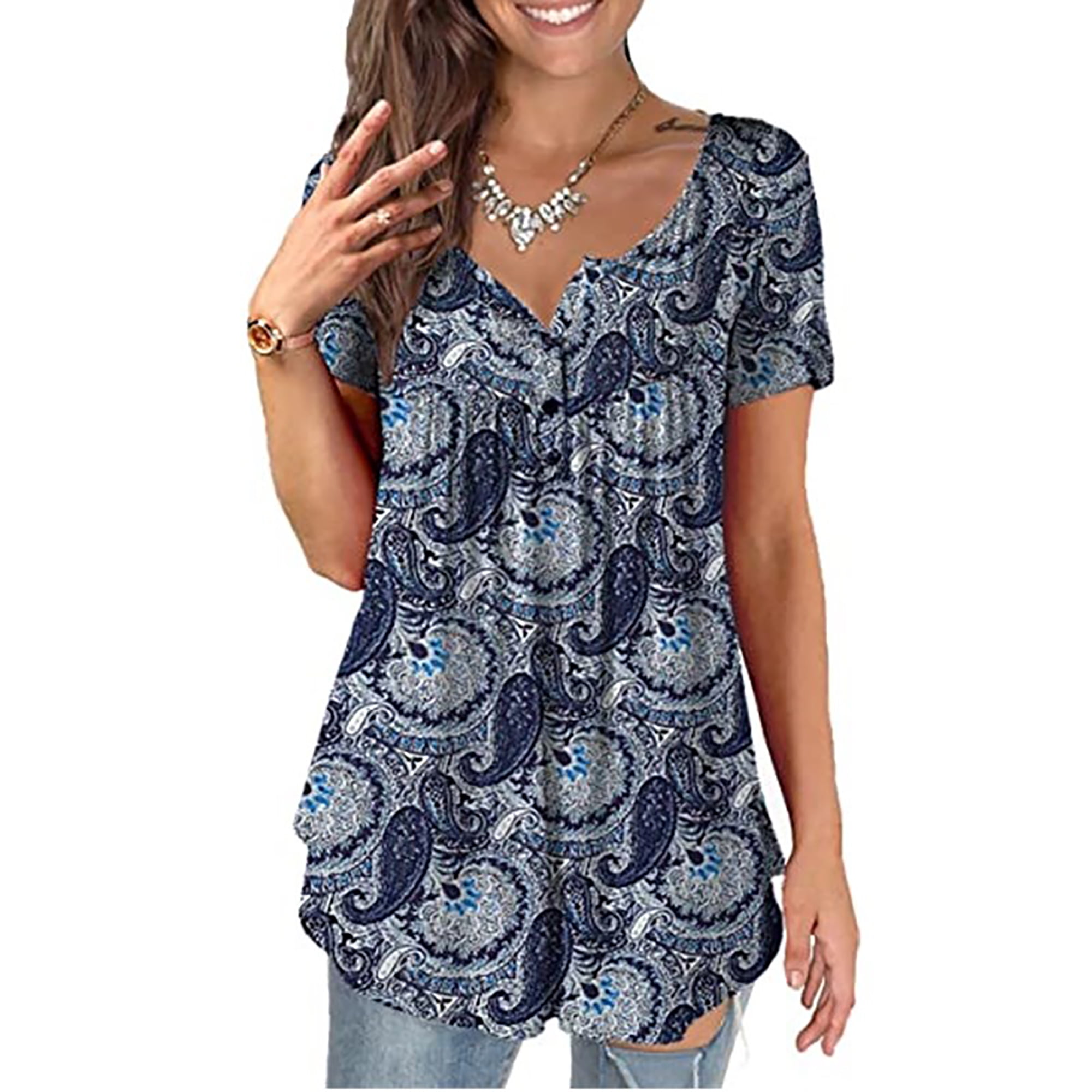 Northblanc Womens Tunic Tops Short Sleeve Henley T Shirts floral ...