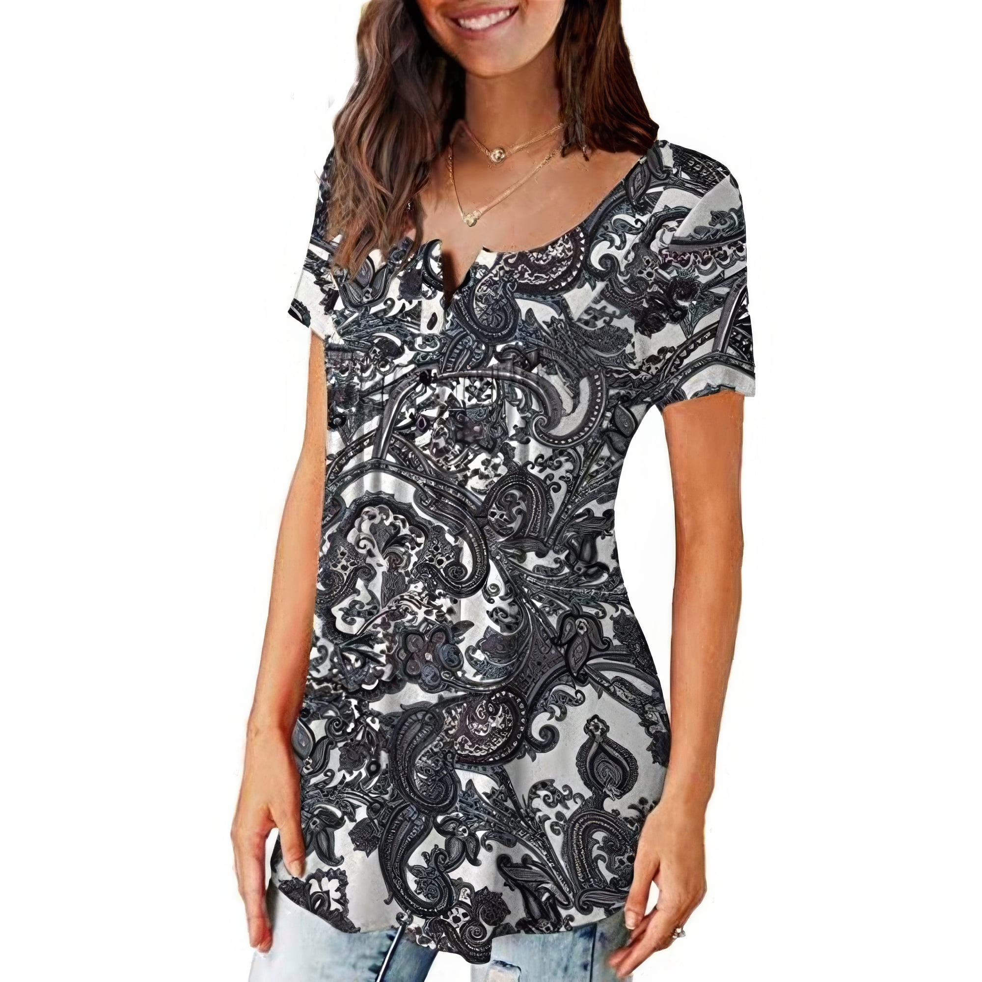 Northblanc Womens Tunic Tops Short Sleeve Henley T Shirts floral ...