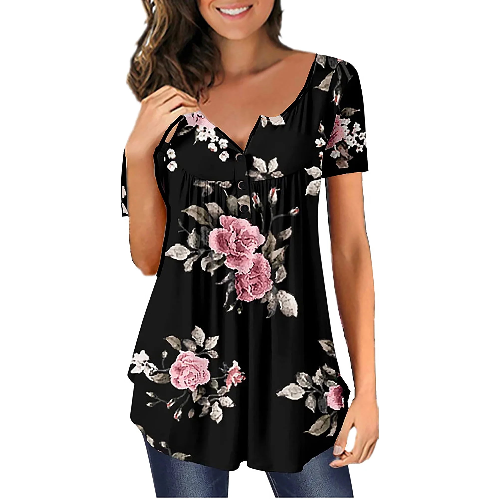 Northblanc Womens Tunic Tops Short Sleeve Henley T Shirts floral ...