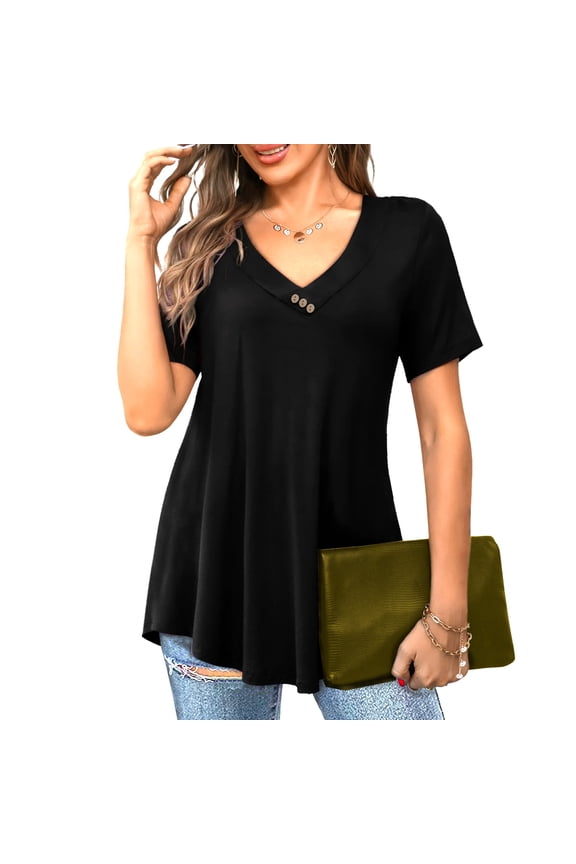 Womens Tunic Tops Summer Short Sleeve Loose Pleated Shirts Casual V-neck Pullover Blouses