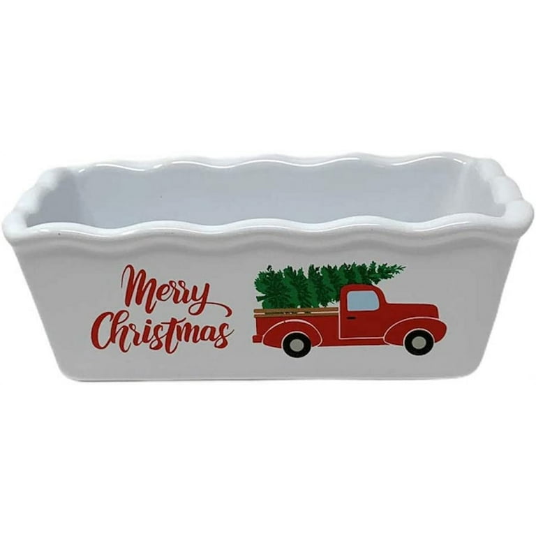 Northeast Home Goods Christmas Holiday Stoneware Mini Loaf Pan (Merry Christmas Pickup Truck on White)