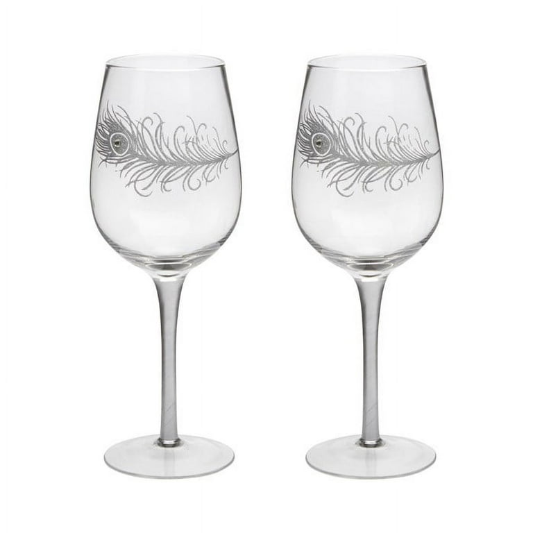 Northeast Home Goods Peacock Feather Bedazzled Wine Glasses, Set of 2  (Silver) 