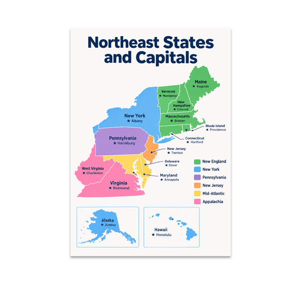 Northeast States and Capitals Educational Reference - Geography Students - 13x19 Poster Print