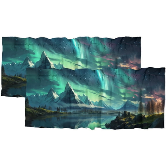 Northern Aurora Curtain Valances for Kitchen Windows Night Starry Sky Winter Mountain Lake Landscape Rod Pocket Window Valance for Living Room Bathroom Bedroom Kitchen 54 by 18 in, 2 Panel