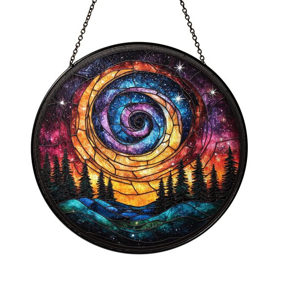 Northern Aurora Glass Window Decor, Forest Scene Suncatcher Hanging Art, Magical Nature Home Accent